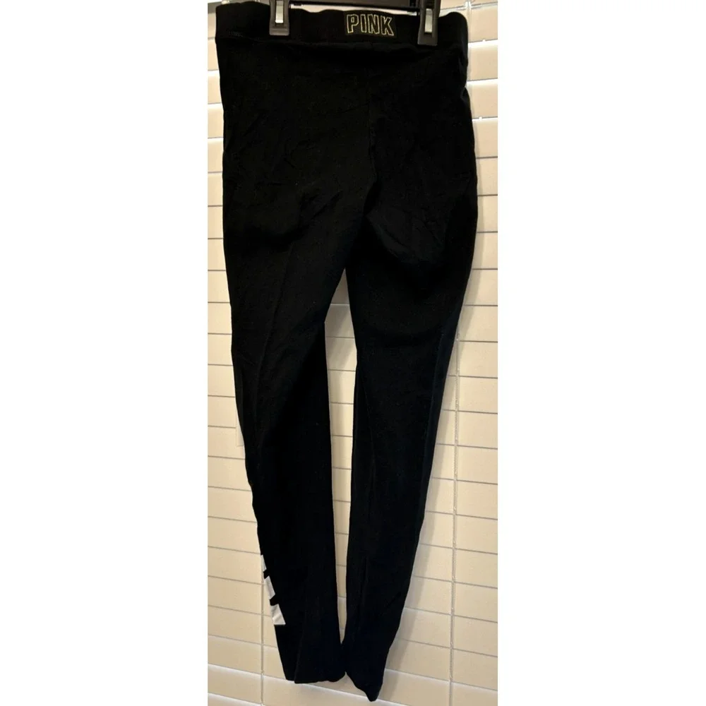Womens Victoria's Secret Pink Logo Ankle Leggings Black Spell Out on Sides SMALL